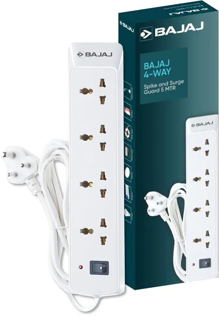 Bajaj 4 Way Spike and Surge Guard | 5 Meter Long Cable | 3-Pin Universal Sockets | Fire Retardant Cable